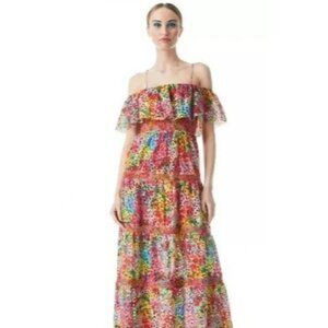 Alice & Olivia Cold-Shoulder Eyelet Midi Dress Size 0 Colorful Garden Floral